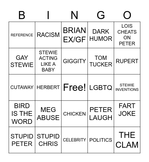 Family guy bingo Card