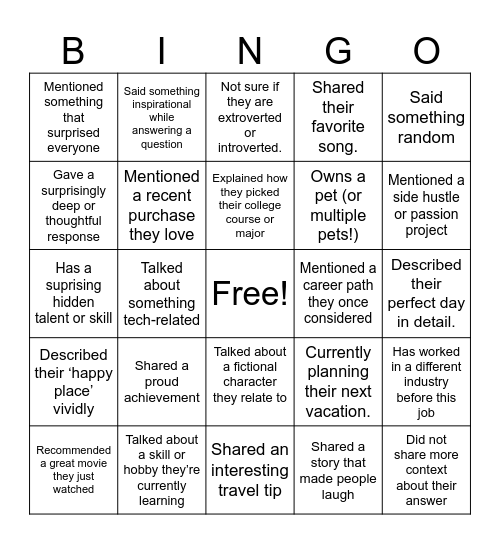 GTKY Bingo Card