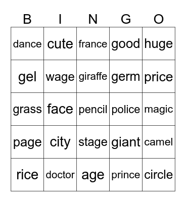 Soft C and G Bingo Card