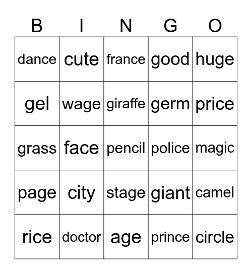Soft C and G Bingo Card