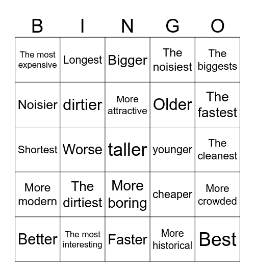 Comparatives and Superlatives Bingo Card