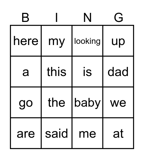 Sight Words Bingo Card