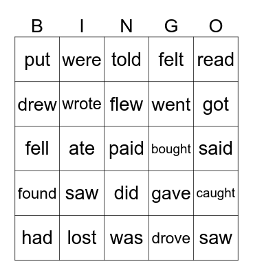 Past Simple irregular verbs Bingo Card