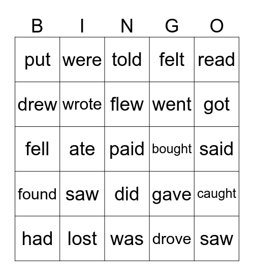 Past Simple irregular verbs Bingo Card