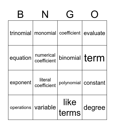 Topic #1 (4th Quarter) Bingo Card