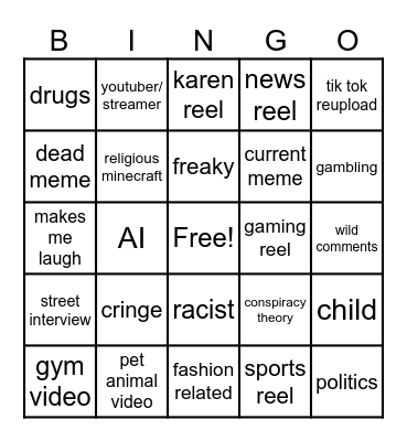 Instagram reel bingo Card