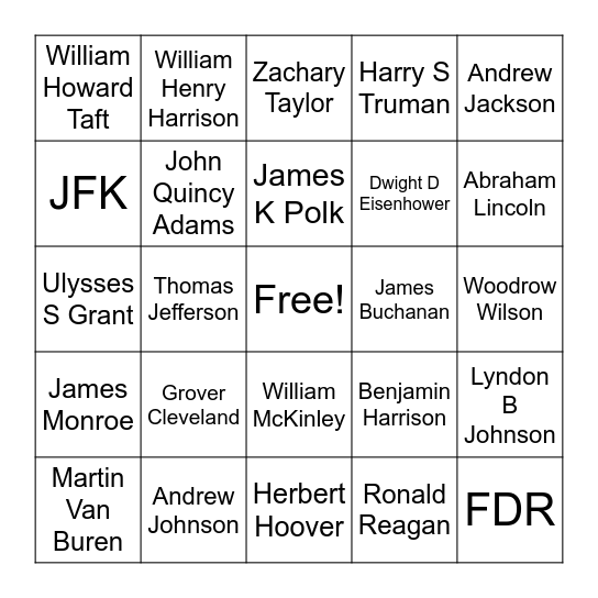 President's Day Bingo Card