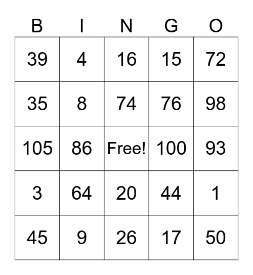 Numeros Bingo Card