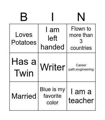 Get to know me Bingo Card