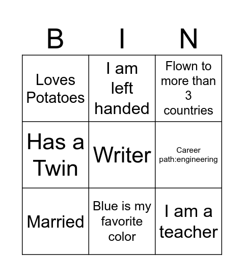 Get to know me Bingo Card