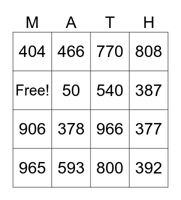Three Digit Addition Bingo Card