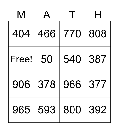 Three Digit Addition Bingo Card