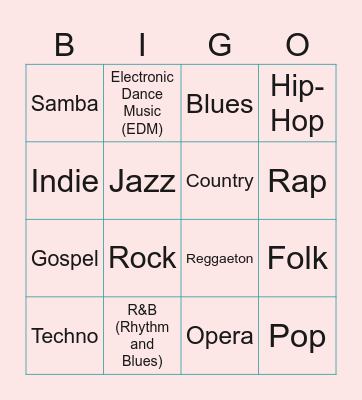 Music Genres Bingo Card