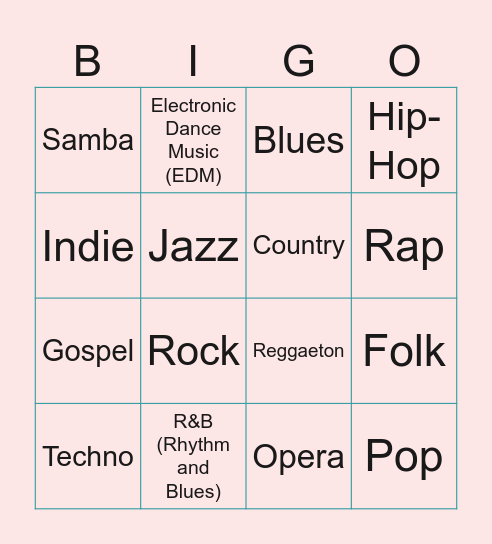 Music Genres Bingo Card