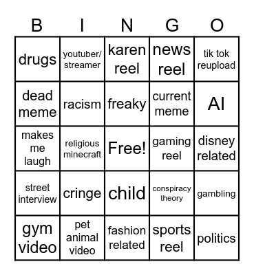 Instagram reel bingo Card