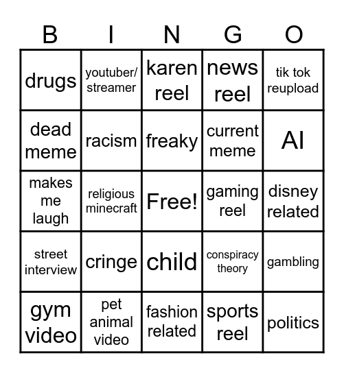 Instagram reel bingo Card