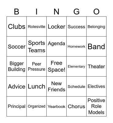 Middle School Bingo Card