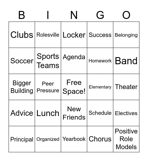 Middle School Bingo Card