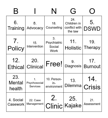 Clinical Social Work Bingo Card