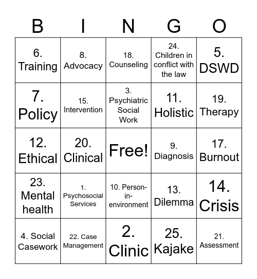 Clinical Social Work Bingo Card