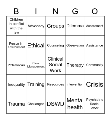 Clinical Social Work Bingo Card