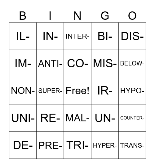 PREFIXES Bingo Card