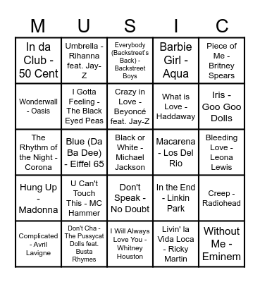 90s - 00s Bingo Card