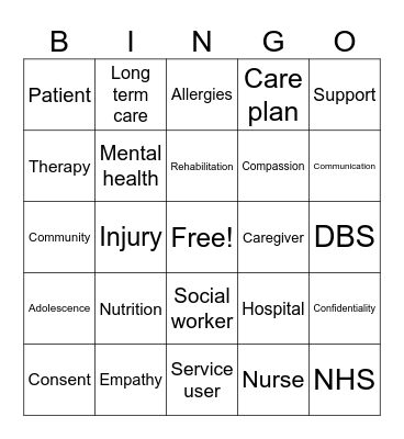 Health and social care Bingo Card
