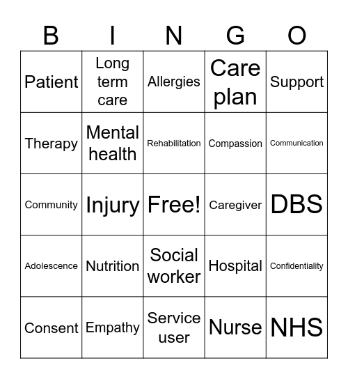 Health and social care Bingo Card