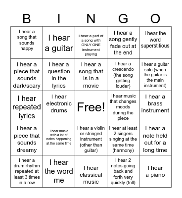 Guided Listening Bingo Card