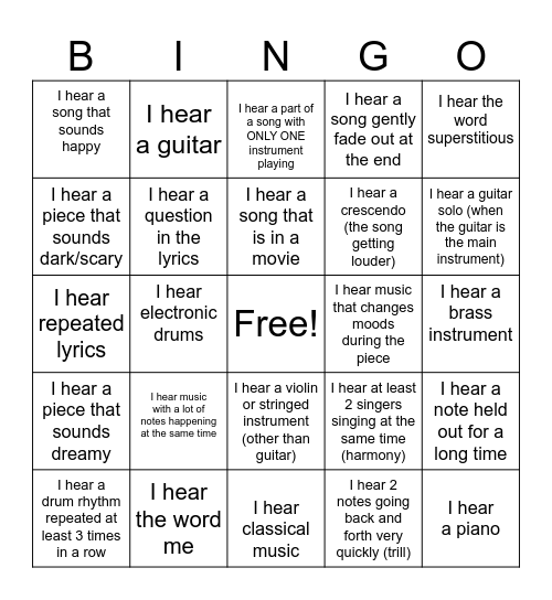 Guided Listening Bingo Card
