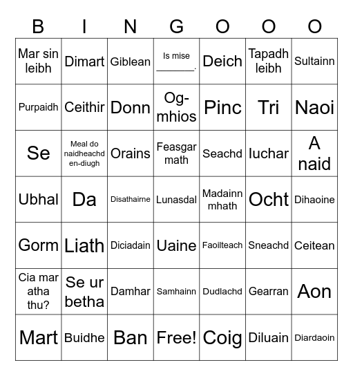 Scottish Gaelic Bingo Card