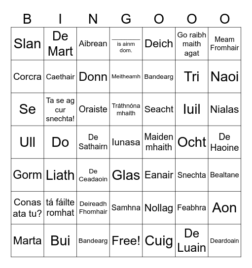 Scottish Gaelic Bingo Card