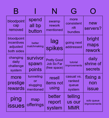 DBD Operation Health Bingo Card
