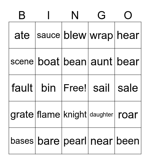Homophone words Bingo Card