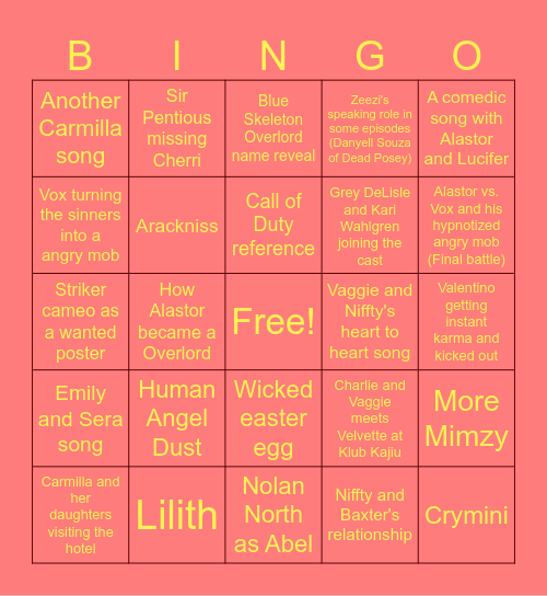 Hazbin Hotel Season 2 Bingo Card