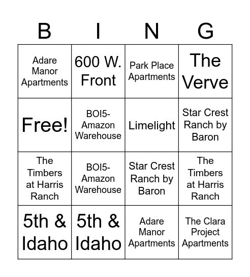 Idaho Bingo Card