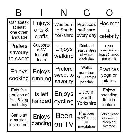 Wellbeing Bingo Card