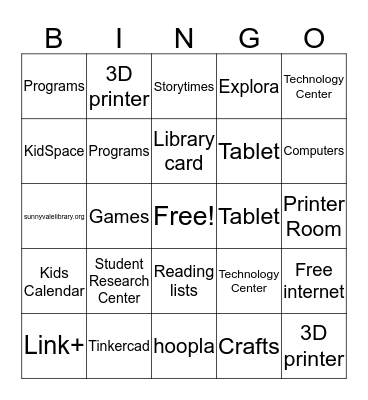 Sunnyvale Library Card Bingo Card