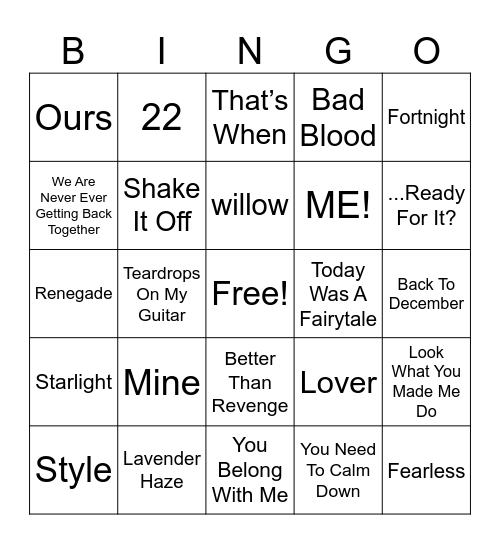 Taylor Swift Bingo Card