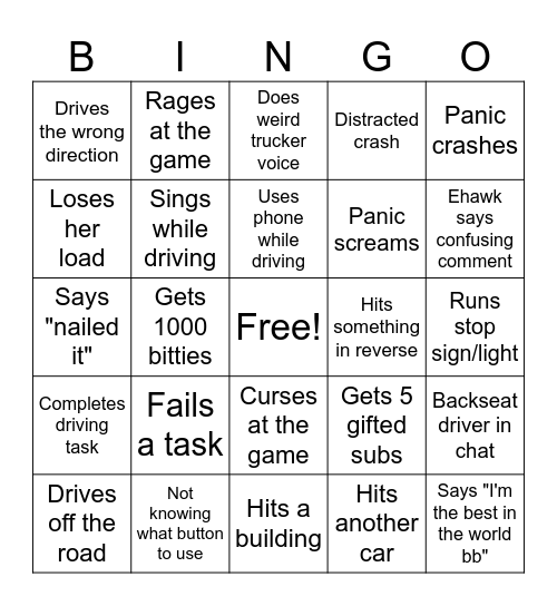 Vroom Vroom Bingo Card