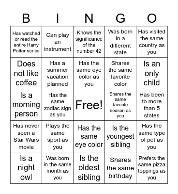 Find Someone Who. . . Bingo Card