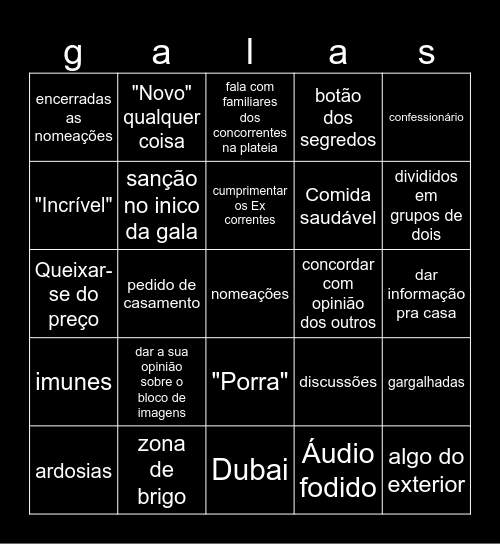 Casa dos Segredos desafio final Bingo Card
