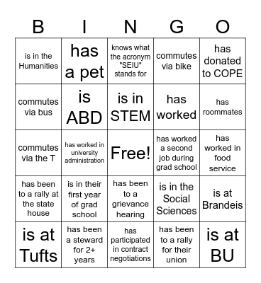 SEIU 509 Grad Worker Bingo! Bingo Card