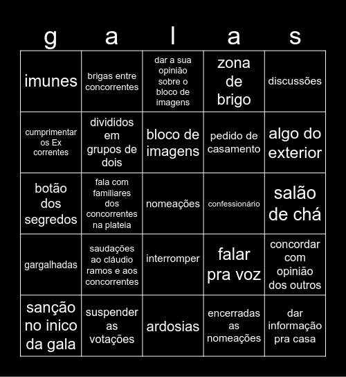 Casa dos Segredos desafio final Bingo Card