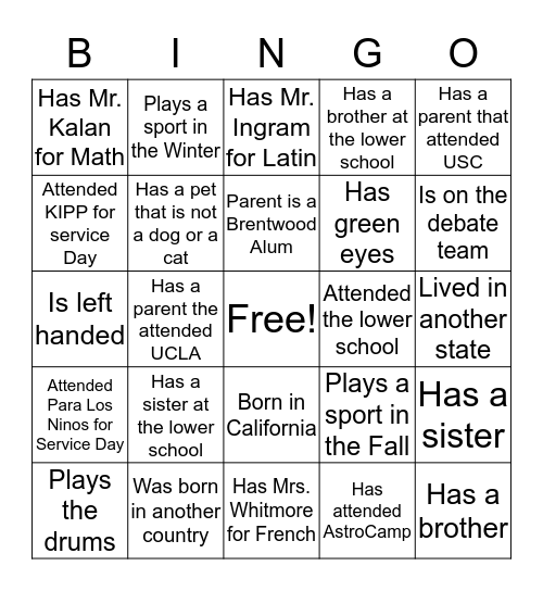 BRENTWOOD SERVICE LEARNING DAY Bingo Card