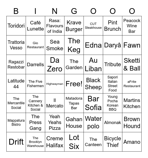 Halifax Restaurants Bingo Card