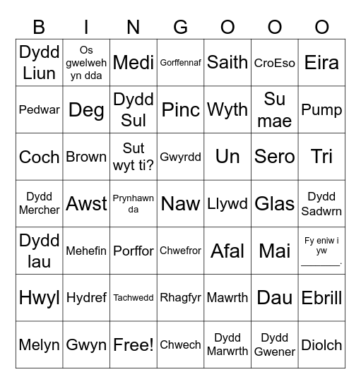 Welsh Cymraeg Bingo Card