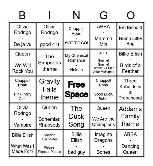 Sing It Out Loud Bingo Card