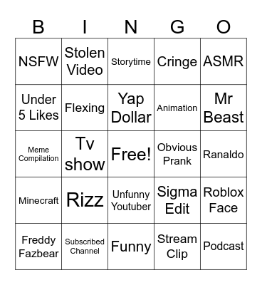 YT SHORTS Bingo Card